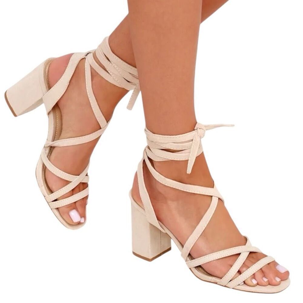 NEW Lulus Ashton Nude Suede Lace-Up Heels Size 7.5 Strappy Block Heel